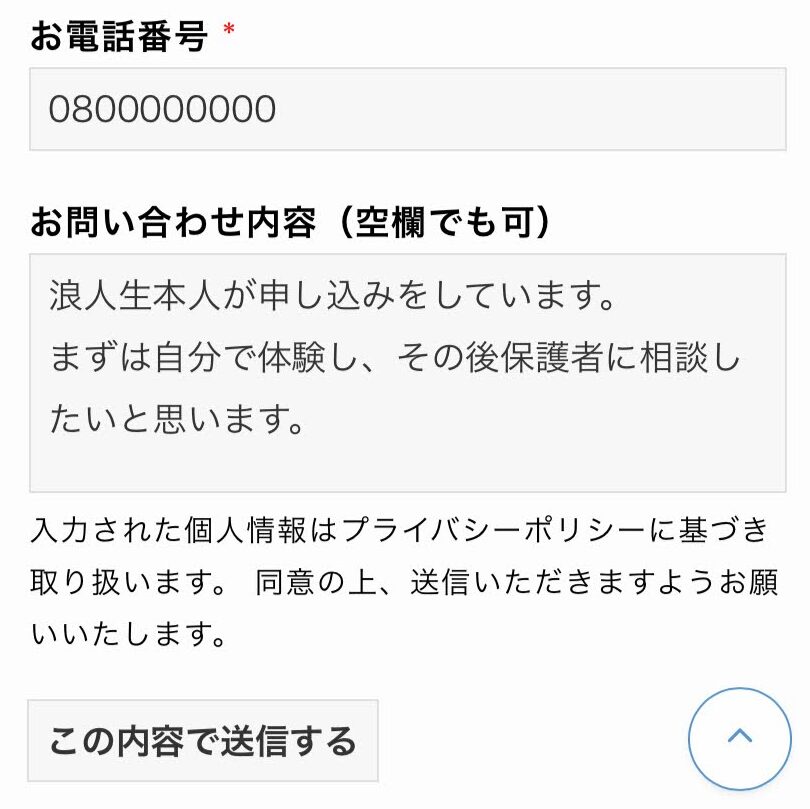 「メール」でのお問い合わせフォームの入力例(続き)